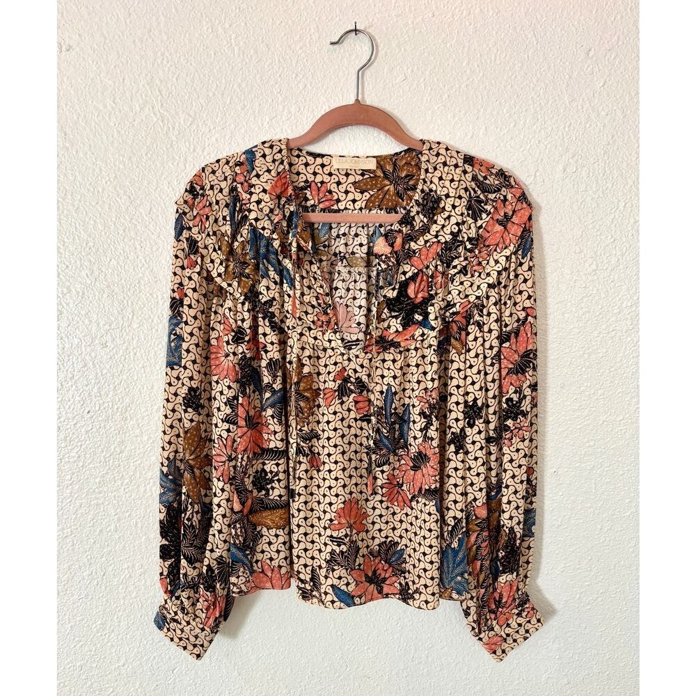 Ulla Johnson Cream Floral Ruffle Blouse with Pink, Blue & Brown Accents